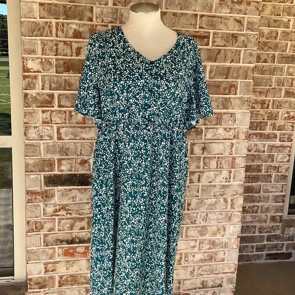 Unbranded Teal White Abstract Flutter Sleeved Midi‎ Dress-see notes on size